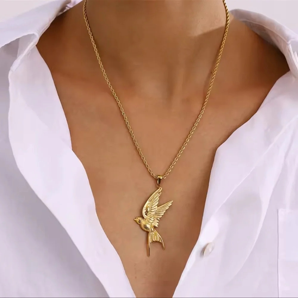 Swallow Peace Bird 18k Gold Stainless Steel Ring, Earrings, Necklace Set - Picture 8 of 17